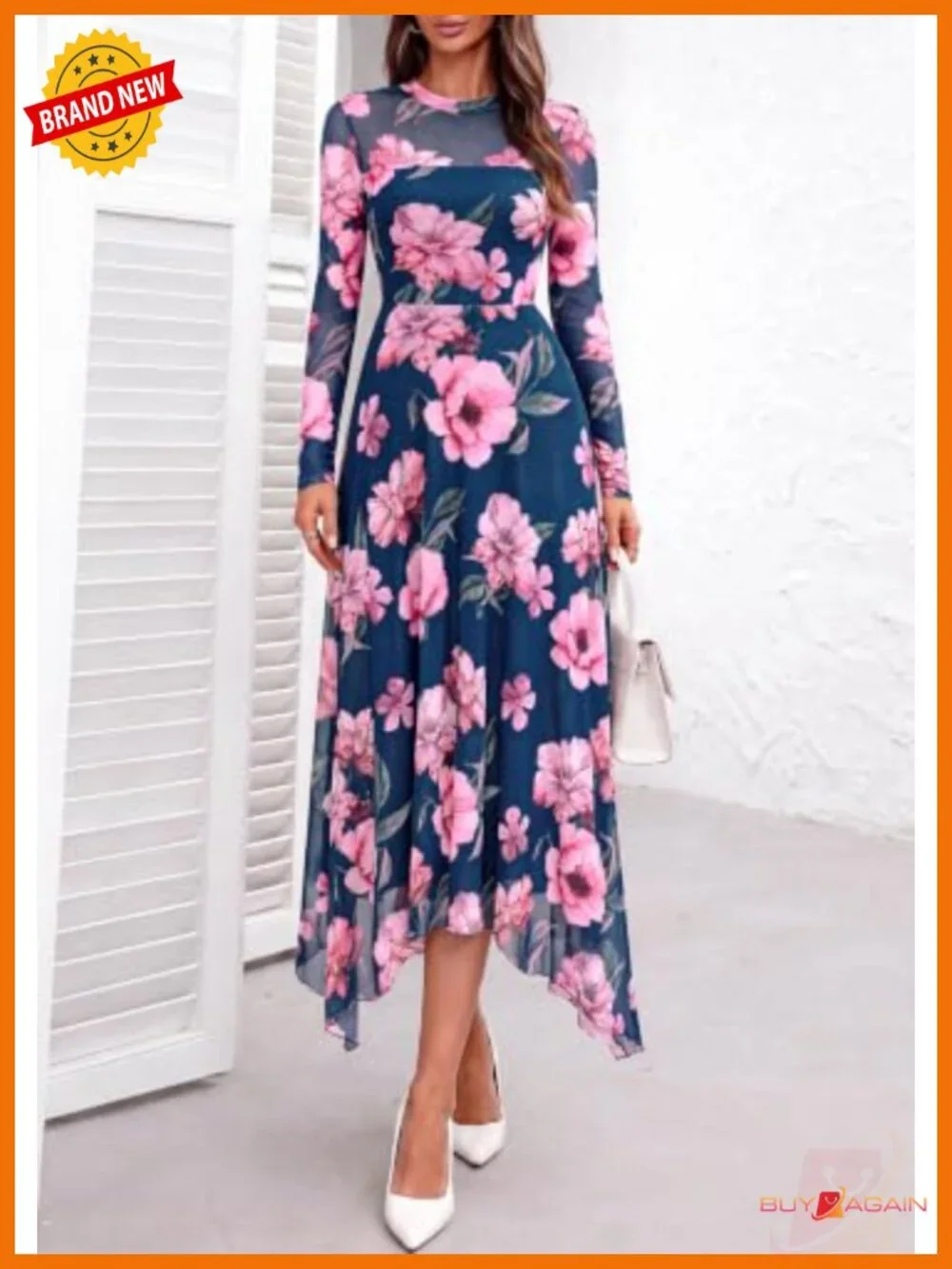 Women's Floral Mesh Midi Dress Long Sleeve Mock Neck Fit & Flare